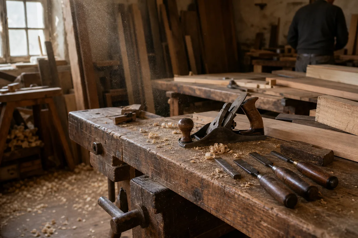 Atelier de menuiserie angevin, établi et copeaux de chêne massif