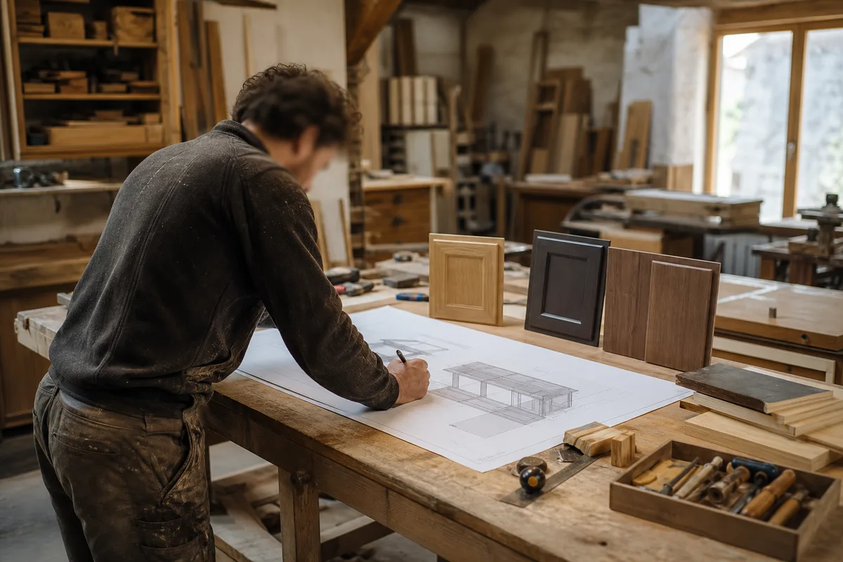 Cuisiniste présentant un plan d’agencement dans un atelier de menuiserie près d’Angers