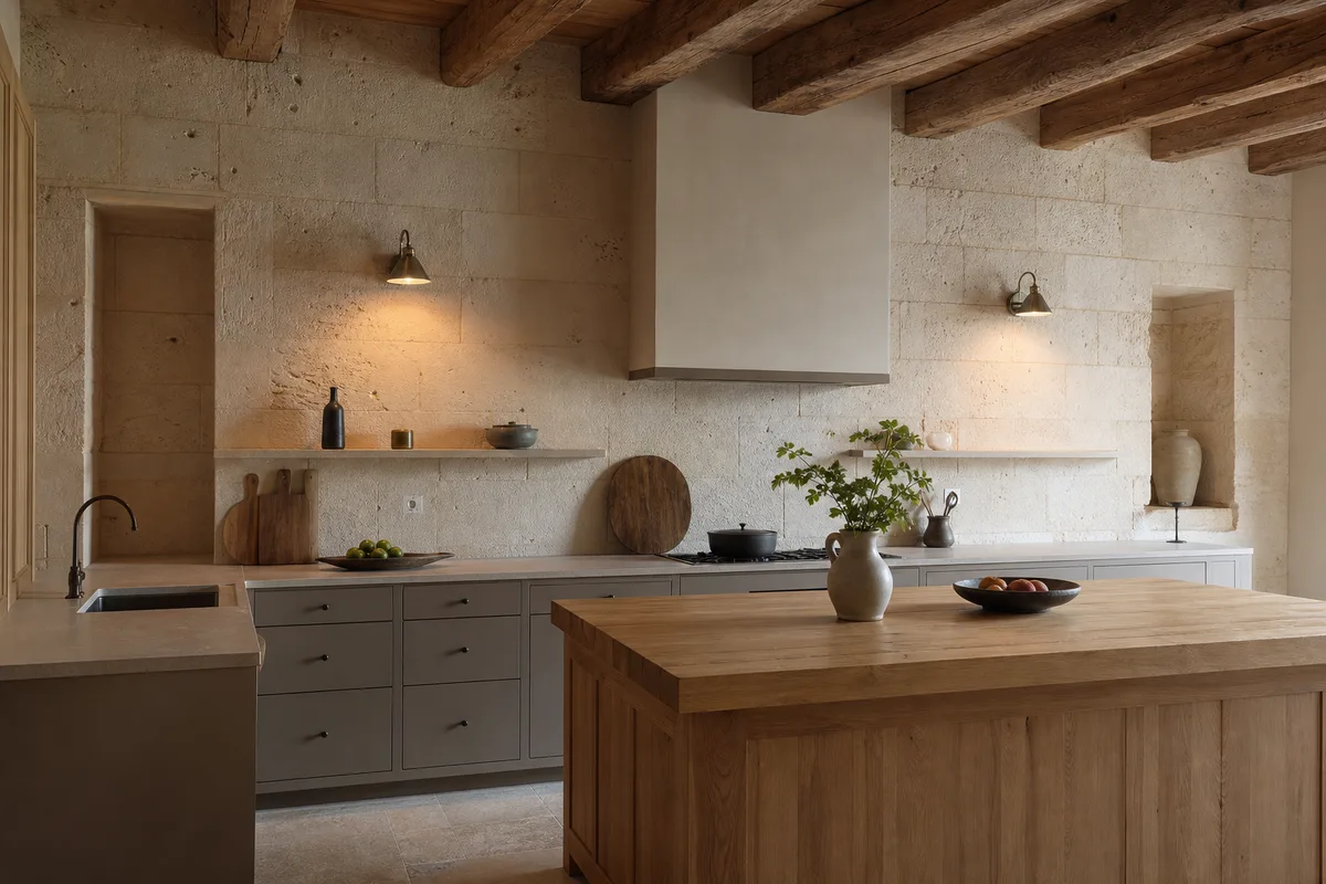 Cuisine sur mesure intégrée dans une maison de tuffeau de l’Anjou avec îlot central
