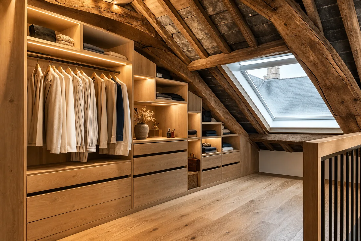 Dressing sur mesure aménagé sous une pente de toit dans une maison angevine