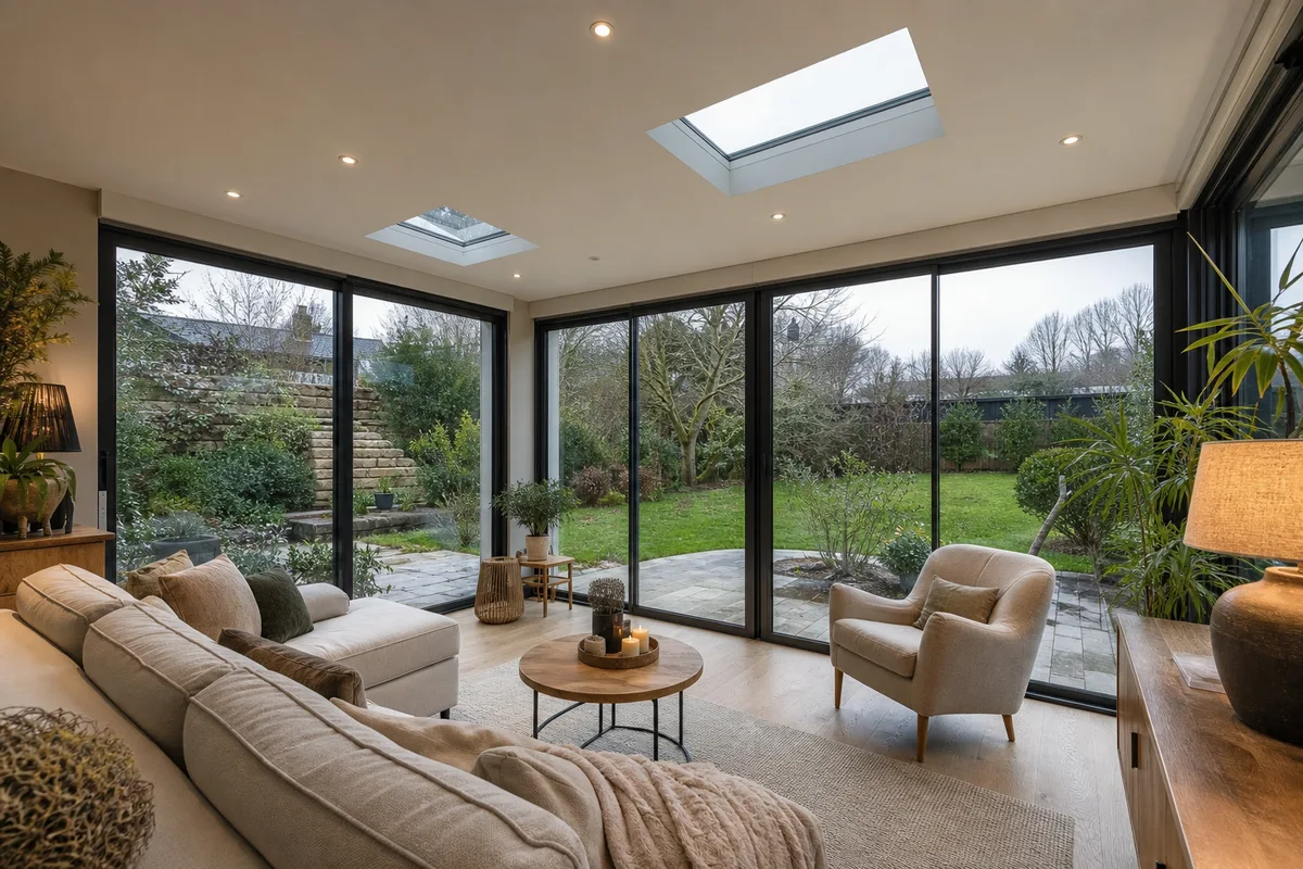 Véranda alu contemporaine ouverte sur un jardin angevin, grandes baies vitrées et toiture isolée
