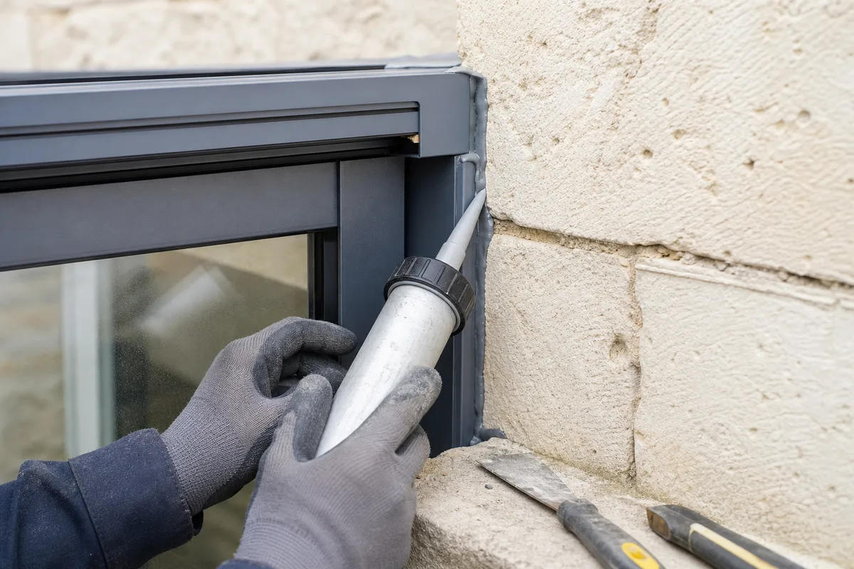 Détail d&rsquo;une jonction entre véranda et façade en tuffeau, artisan vérifiant l&rsquo;étanchéité